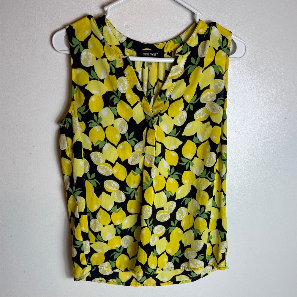 Nine West Lemon Sleeveless Blouse Womens Black Yellow Size Small Spring Business